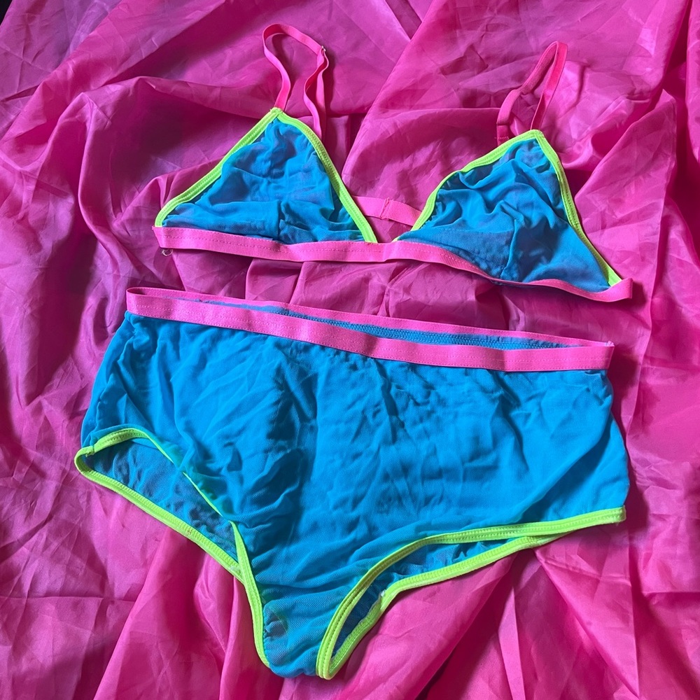 Neon Sheer Bralette + Panties Set - Current Mood/Dolls Kill - Large